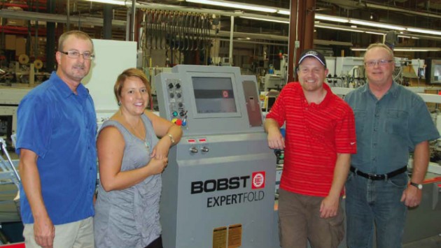 From left: Ingersoll Paper Box’ operations manager Jeff Brooks; managing director Sarah Skinner; finishing area leader and production scheduler Kevin Glanzman; Brad Orchard, die-cutting area leader and technical support manager.