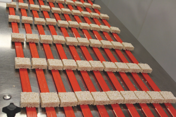 Marshmallow squares coming out of the processing area are spread out in neat multiple rows for packaging.