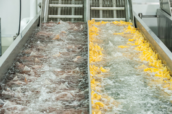 Sealed bulk packs of pork gravy (left) and puréed squash (right) are cooled down in a chilly 2°C cold water bath.
