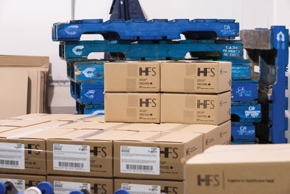 After packing its high-quality, tasty food items for healthcare facilities in corrugated cartons supplied by Loeb Packaging, the cartons are placed upon the signature-blue pallets, manufactured by CHEP and widely used in its pooling program.