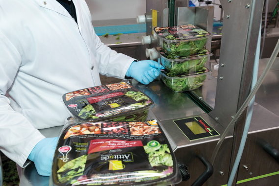 Supplied by PLAN Automation, the Bandall banding machine crossbands three stackable plastic bowls of Asian Stir Fry kits together with strips of plastic film to ensure optimal product stability inside the corrugated cases used to ship the product to customers.