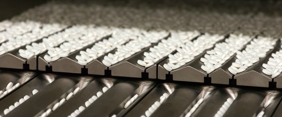 A close-up of tablets being counted and aligned for filling inside the Street Fighter SF-100 electronic tablet counting machine from Capmatic, which can handle a broad range of pill types and work with a variety of different container sizes and shapes at maximum throughput speeds of up to 120 bottles per minute.