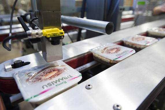 Sealed trays of single-serve Tiramisu cakes pass by a BestCode inkjet coding system for high=speed application of best-before dates and other key variable product information.