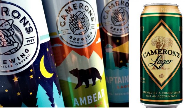 The new graphics for the Cameron’s three core beer brands represent a striking departure from the quaint but outdated look of the original cans (right) of Cameron’s Lager.