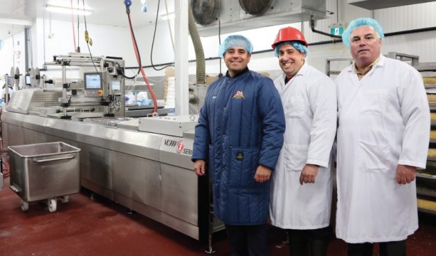 From Left: The Elite Meat Company’s president Dan Milanovic, plant manager John Longo, and director of sales Peter Daly strike a pose in front of the hardworking iSeries thermoforming system, manufactured by the Swiss-based food packaging machine-builder VC999, at the company’s 28,000-square-foot meat-processing and packaging facility in Ajax, Ont.